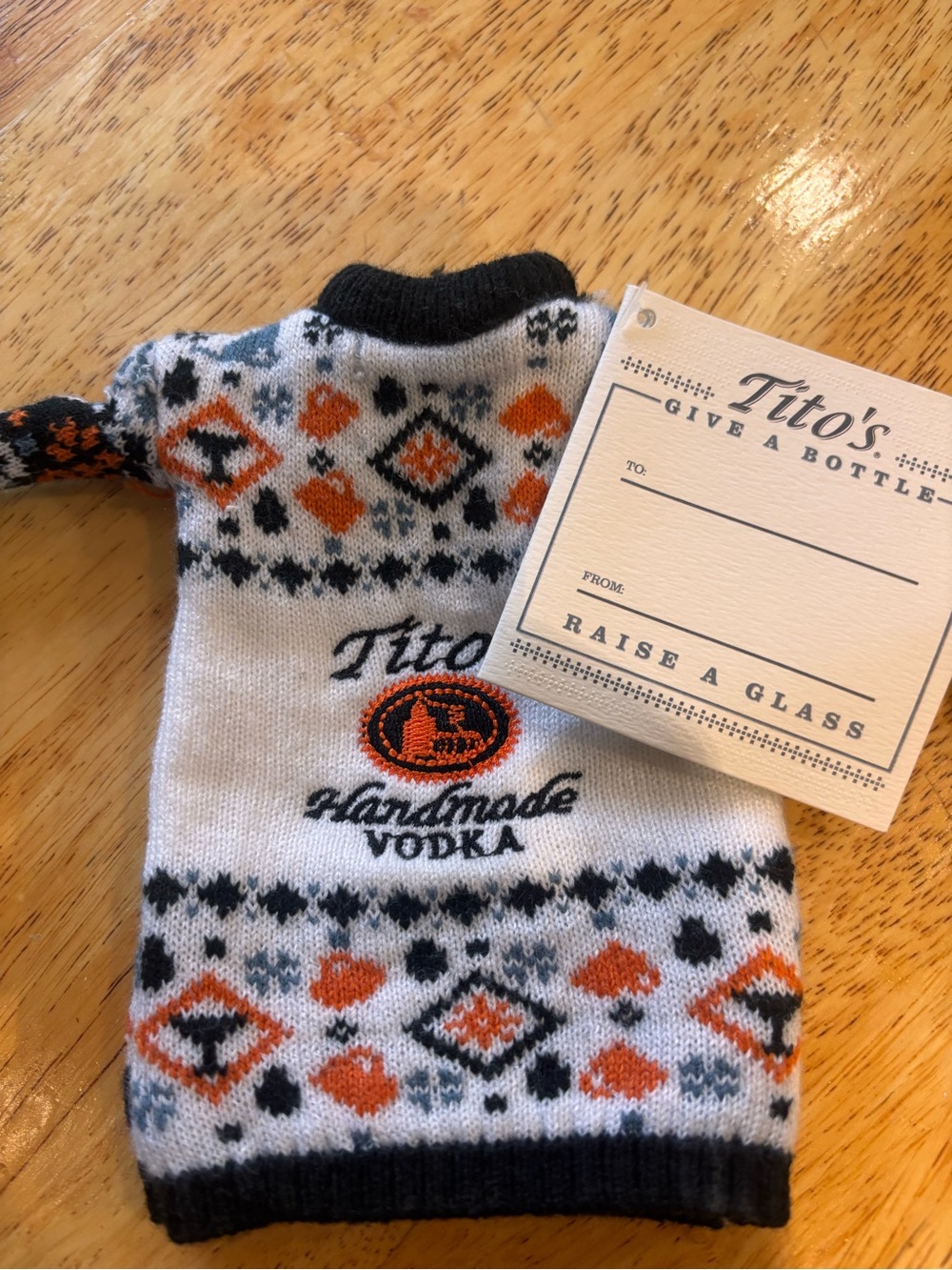 Tito's Knit Bottle Cover - White with Orange & Black Fair Isle